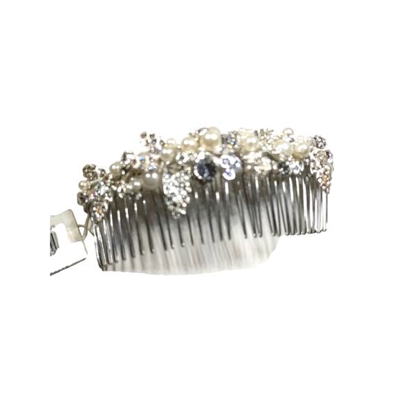 Hair Comb Silver Tone Faux Pearl Beads Rhinestone Floral... - Picture 2 of 8